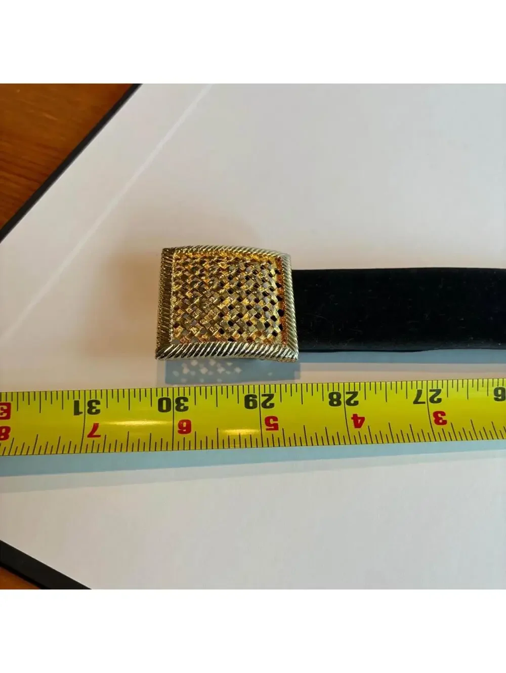 Vintage Paquette Gold Tone Mesh Buckle Belt Black Faux Suede Adjustable 29-32